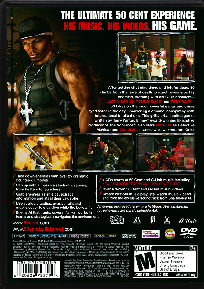50 Cent: Bulletproof PS2 back cover case