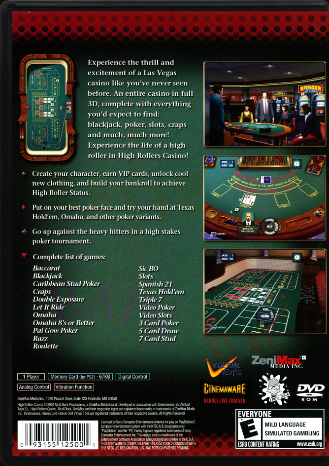 High Rollers Casino PS2 back side cover case