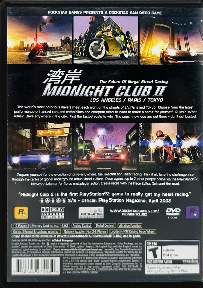 Midnight Club II PS2 back side cover case