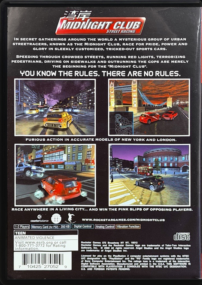 Midnight Club Street Racing PS2 back side cover case