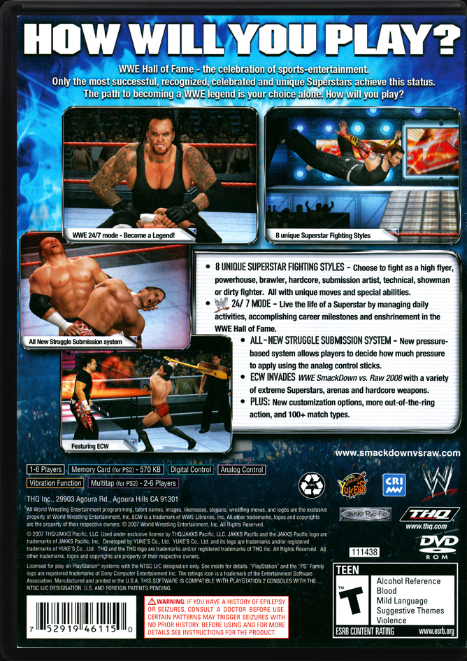 WWE SmackDown vs Raw 2008 PS22 back side cover case