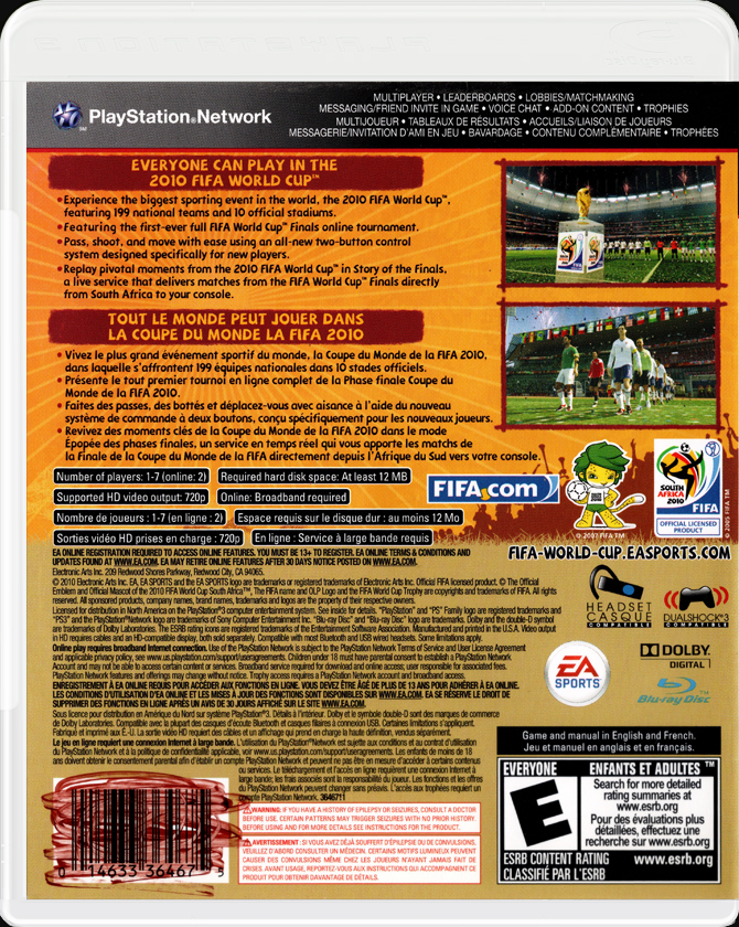 2010 FIFA World Cup South Africa PS3 back side cover case