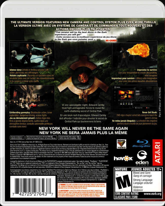 Alone in the Dark Inferno PS3 back side cover case