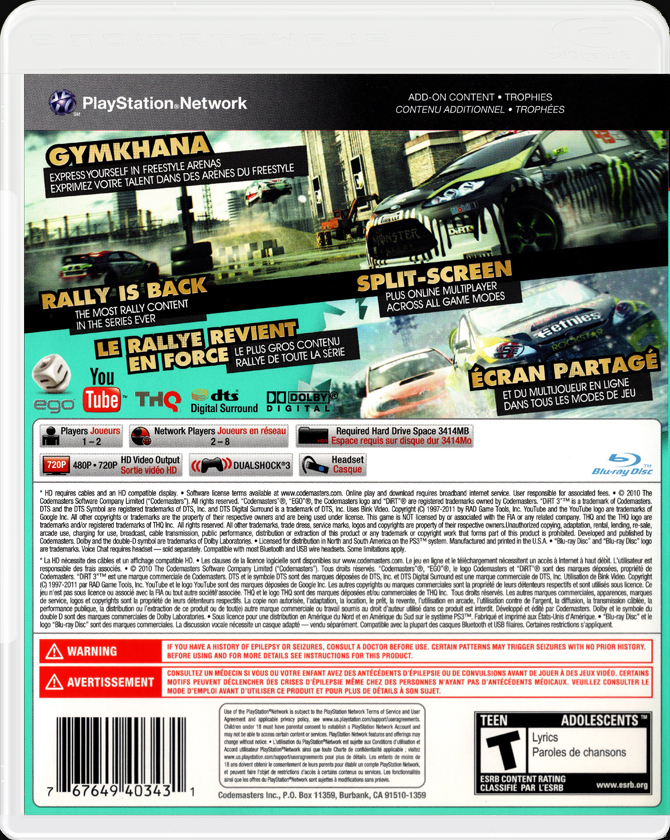 Dirt 3 PS3 back side cover case