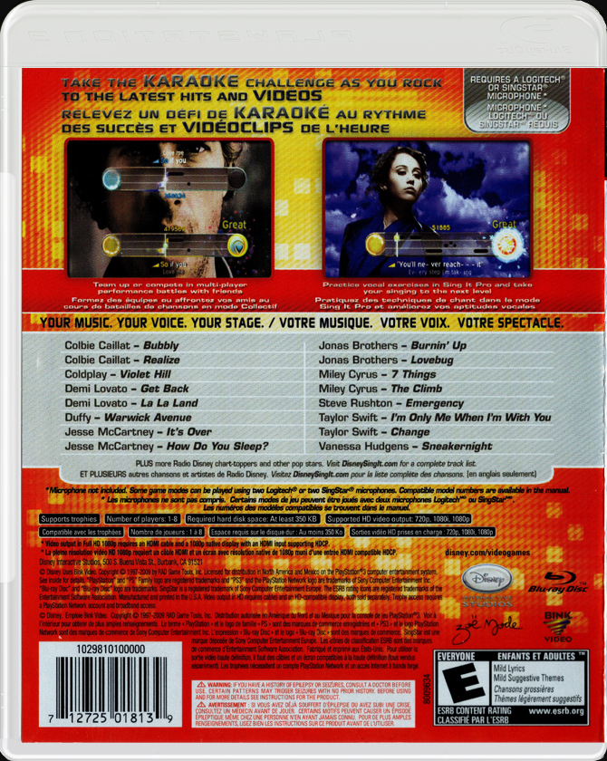 Disney Sing It Pop Hits PS3 back side cover case