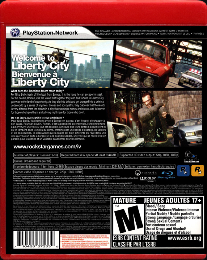 Grand Theft Auto IV Greatest Hits PS3 back side cover case