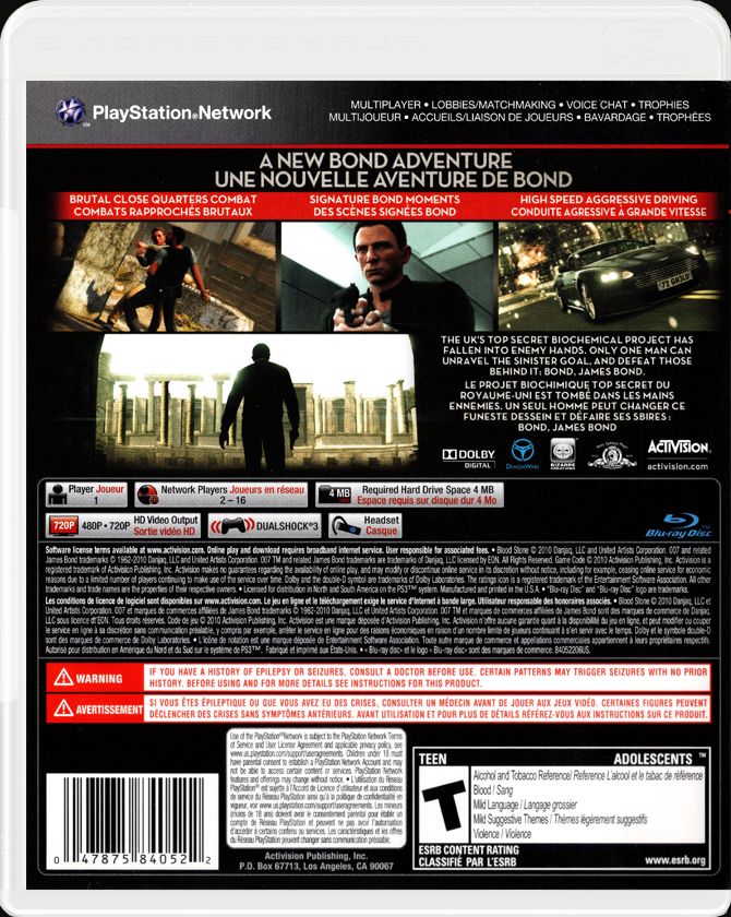 James Bond 007 Blood Stone PS3 back side cover case