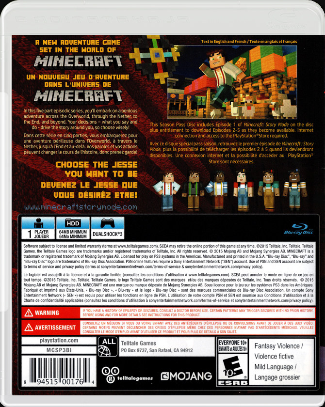 Minecraft Story Mode PS3 back side cover case