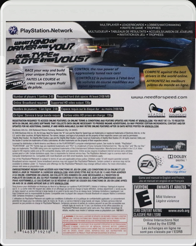 Need for Speed: Shift PS3 back side cover case