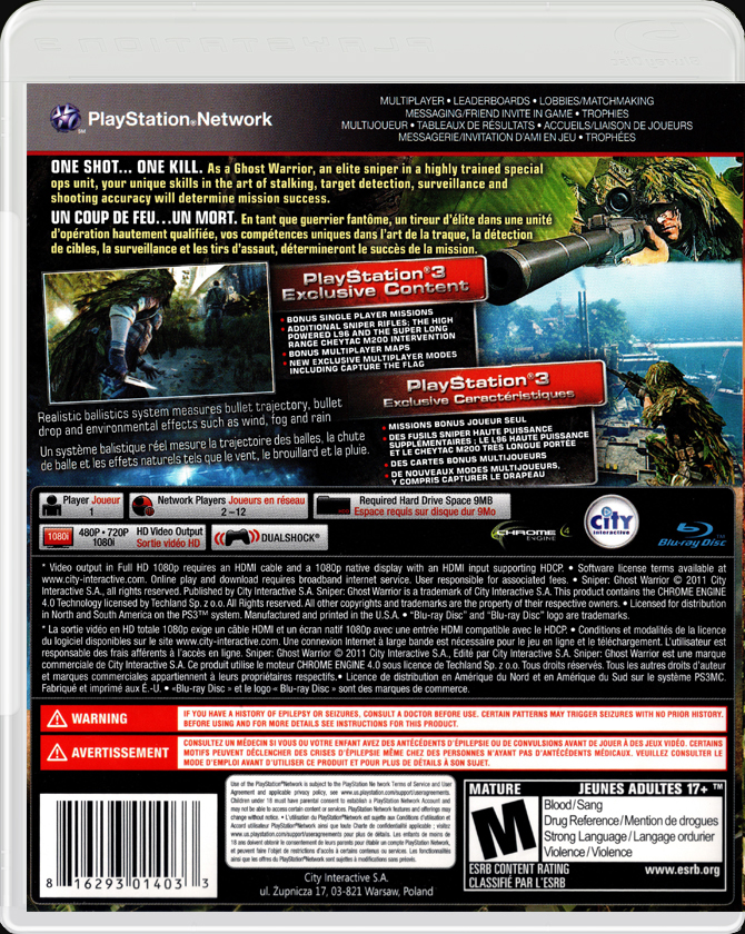 Sniper Ghost Warrior PS3 back side cover case